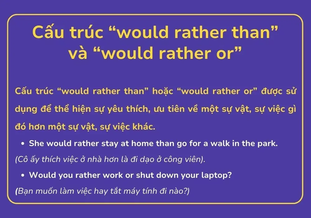 So sánh sở thích dùng cấu trúc Would Rather Than và Would Rather Or