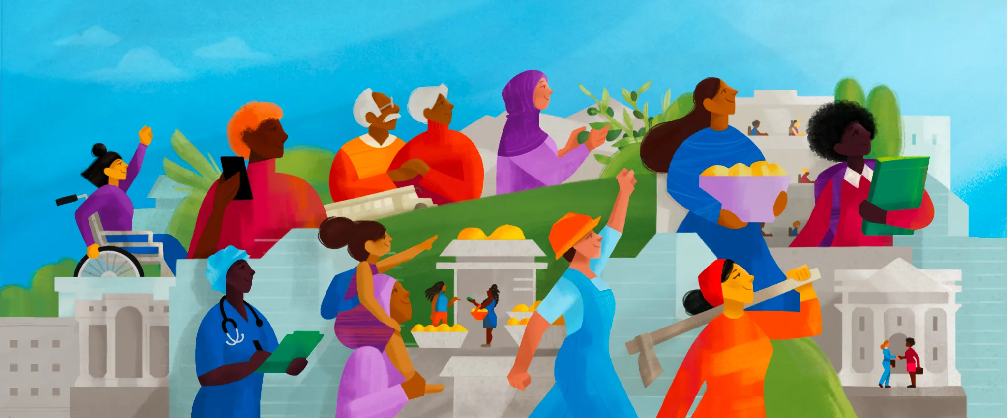 Hình vẽ minh họa phụ nữ từ khắp nơi trên thế giới tụ họp và thảo luận