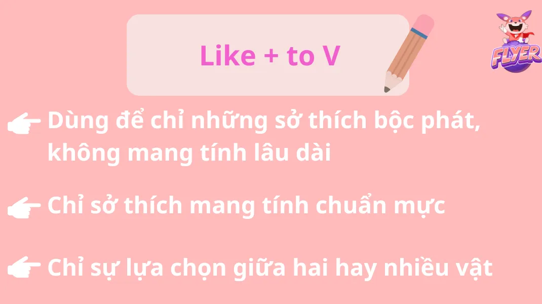 Sơ đồ tư duy về cách sử dụng Like cộng với to V trong tiếng Anh