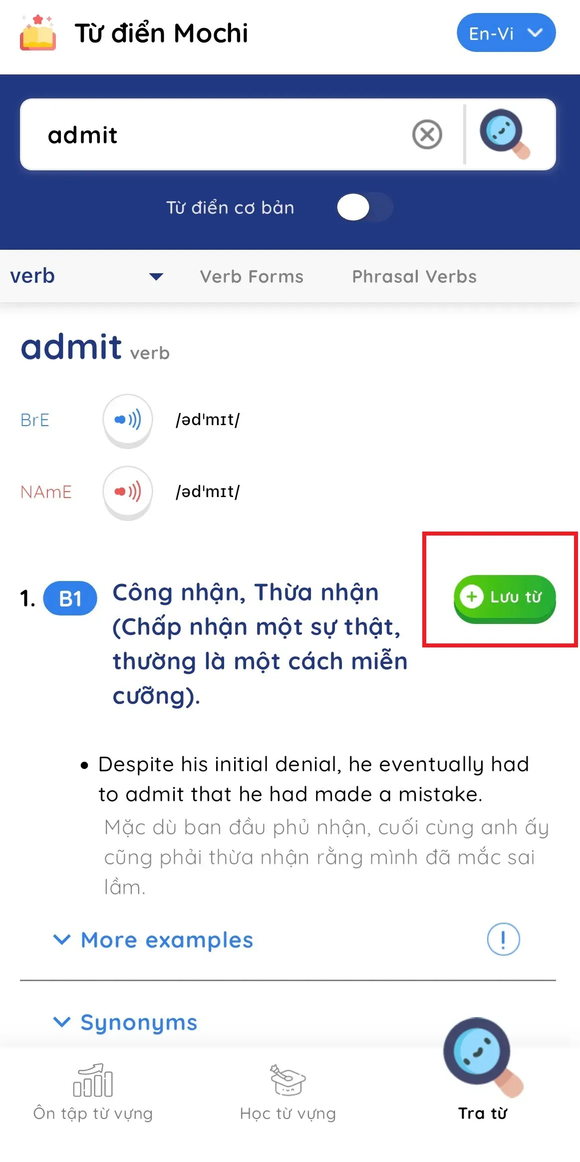 Giao diện học từ vựng tiếng Anh