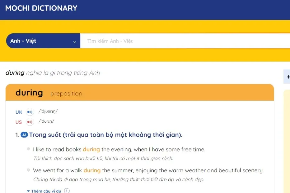 Tra cứu từ vựng trên từ điển Mochi Dictionary