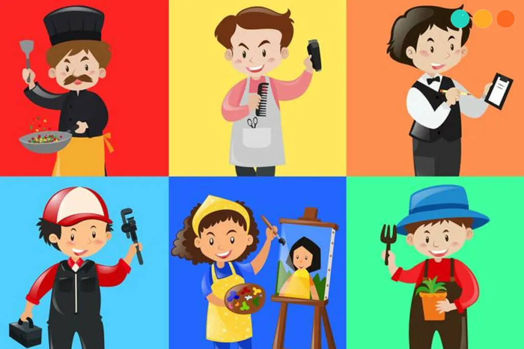 Nhóm người làm việc văn phòng đang thảo luận sôi nổi về từ vựng nghề nghiệp