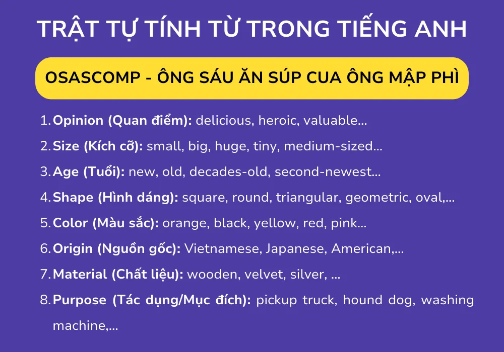 Trật tự tính từ trong tiếng Anh theo quy tắc OSASCOMP