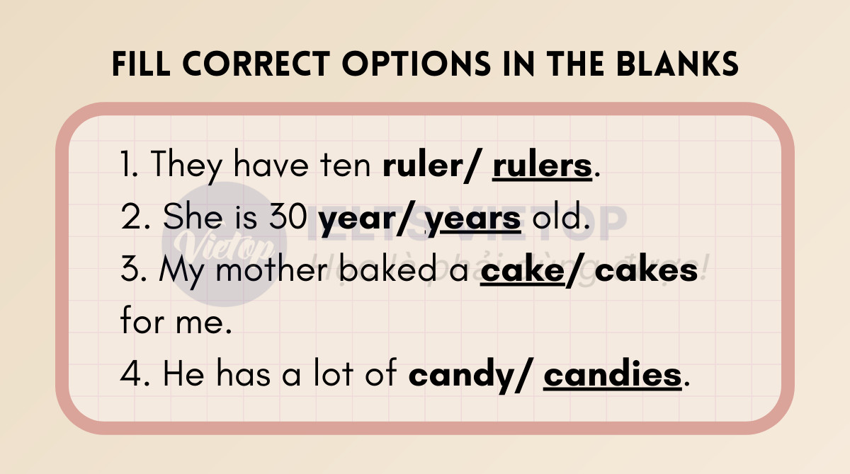 Bài tập chọn dạng đúng của danh từ