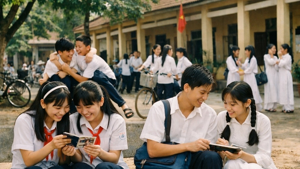 Nụ cười hồn nhiên của các em học sinh trong sân trường