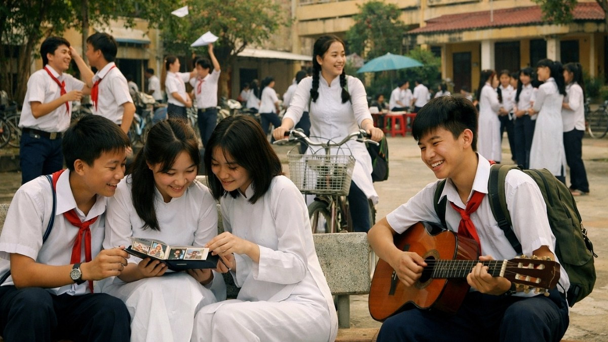 Một em học sinh đang chăm chú học bài dưới tán cây