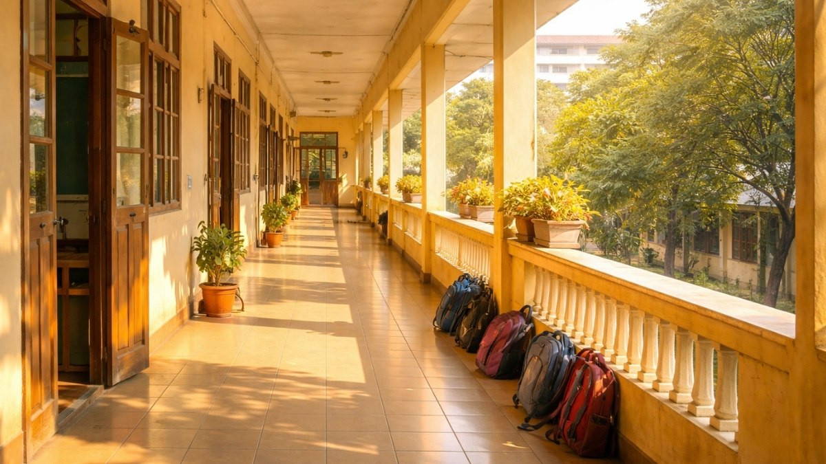 Bàn ghế học sinh được xếp ngay ngắn trong lớp học