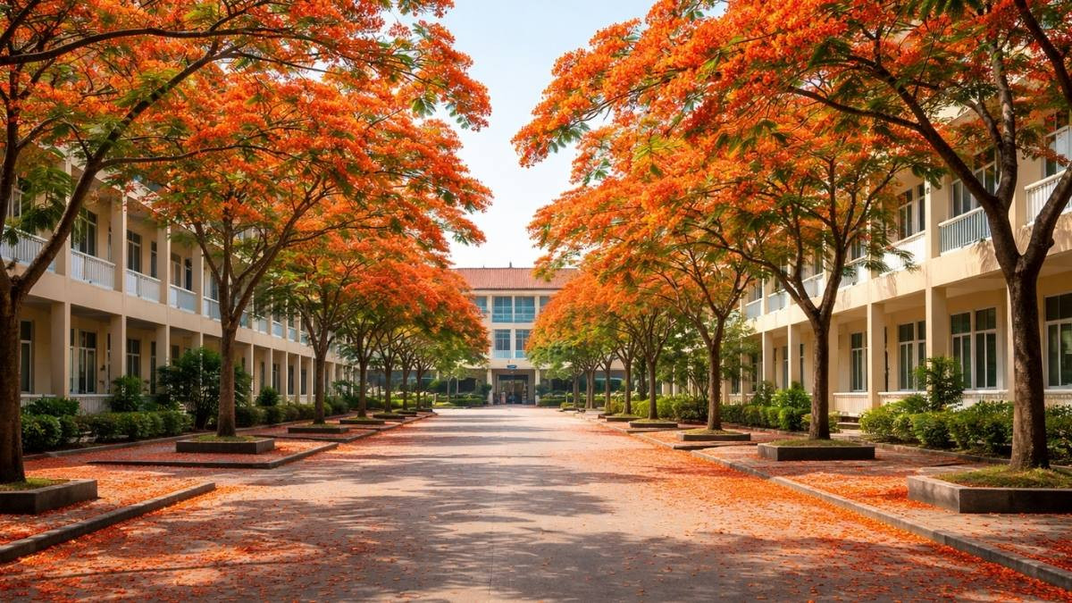 Tán cây cổ thụ che phủ một góc sân trường