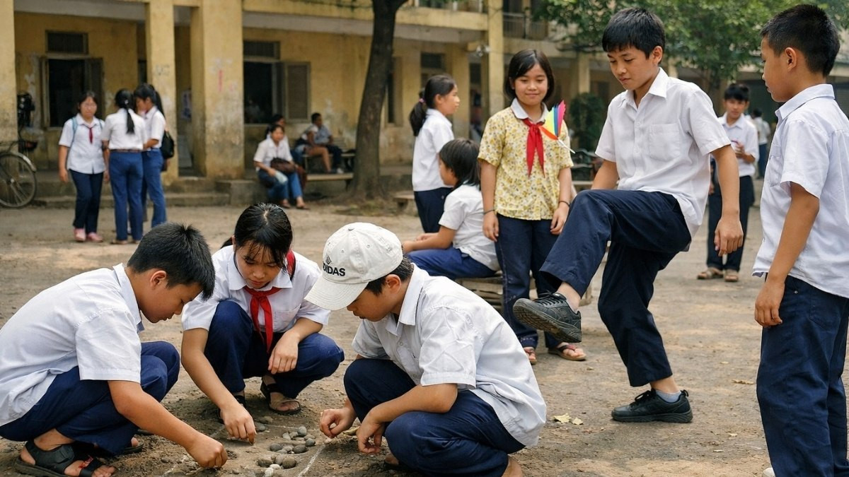 Các em học sinh đá bóng trên sân