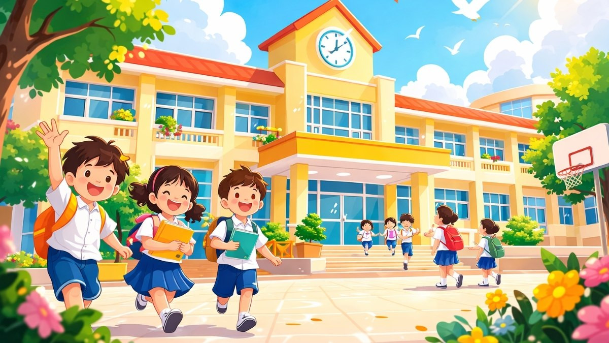 Hình ảnh trường học với các nhân vật hoạt hình
