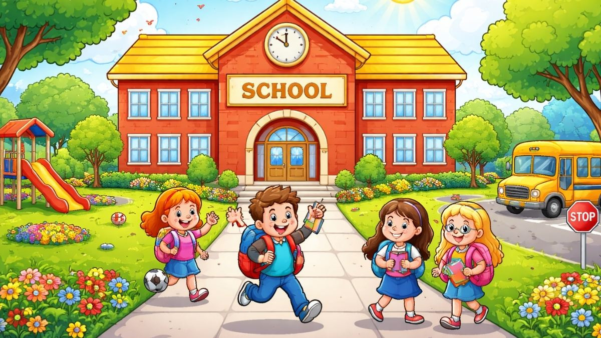 Các nhân vật hoạt hình vui vẻ tại trường