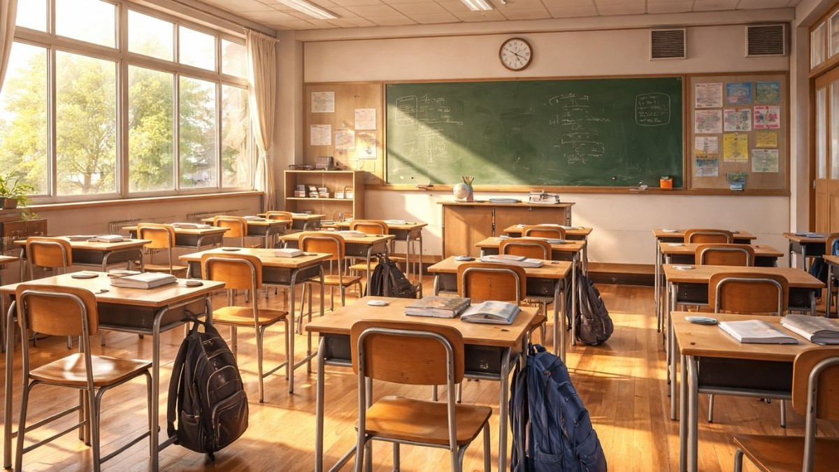 Bức tranh minh họa trường học với phong cách vẽ đặc trưng