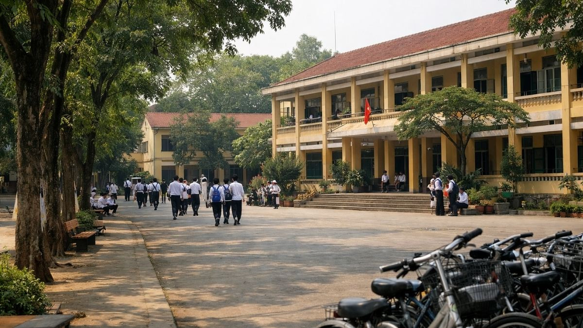 Vẻ đẹp xanh tươi của khuôn viên trường học với nhiều cây xanh