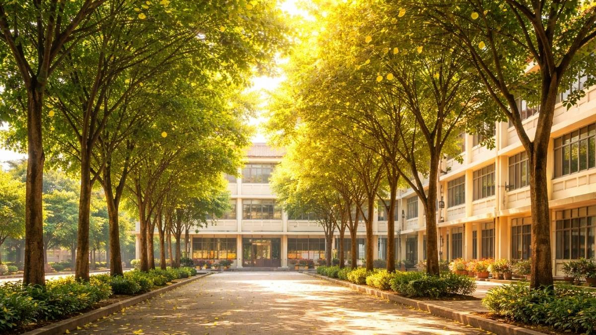 Bóng mát từ những tán cây lớn tỏa bóng xuống sân trường