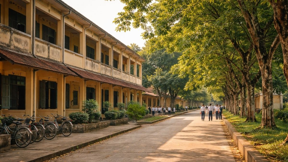 Một góc sân trường yên bình dưới bóng cây xanh