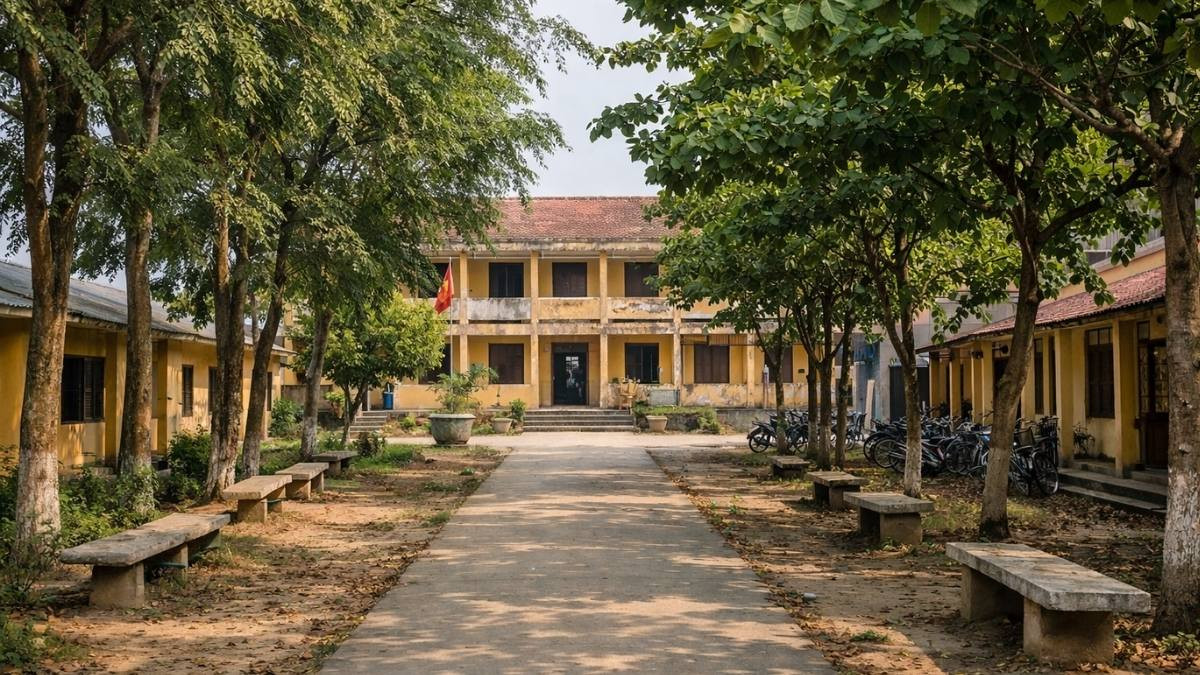 Cảnh quan trường học với những hàng cây xanh cao vút