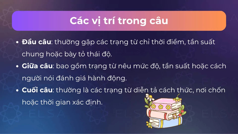 Trạng từ có thể xuất hiện ở nhiều vị trí trong 1 câu