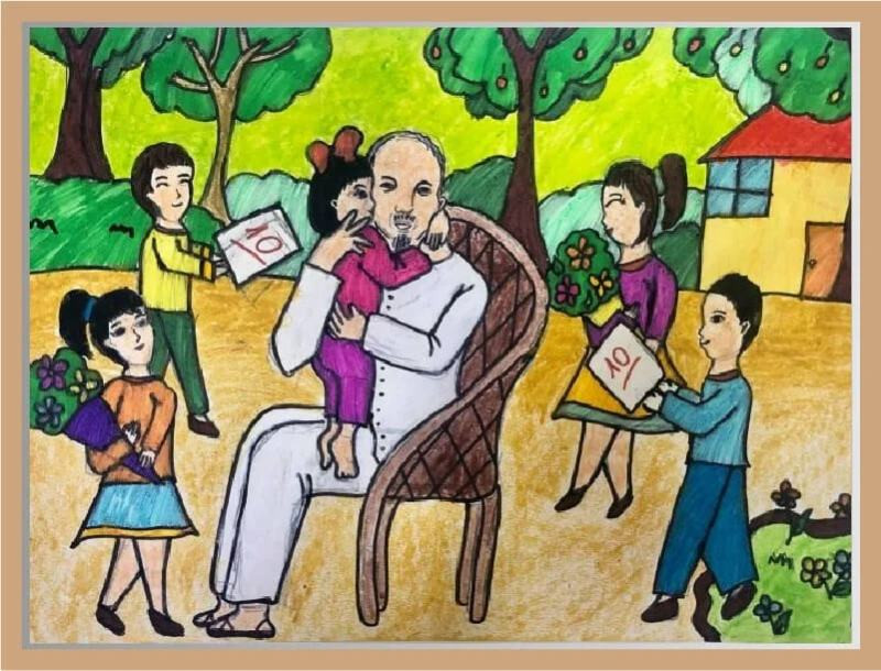 Tranh vẽ “Bác Hồ ân cần khen ngợi thiếu nhi chăm ngoan, học giỏi”. (Nguồn: Internet)