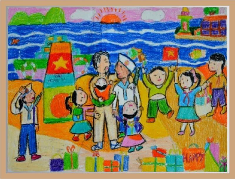 Tranh vẽ “Bác Hồ cùng thiếu nhi vui đón Tết trên hải đảo”. (Nguồn: Internet)