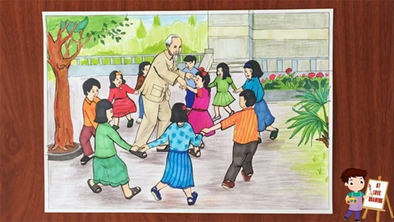Tranh vẽ “Bác Hồ đang vui chơi cùng thiếu nhi”. (Nguồn: Internet)