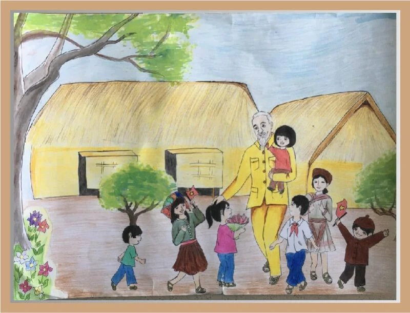 Tranh vẽ “Bác Hồ ân cần bên thiếu nhi ở làng quê”. (Nguồn: Internet)
