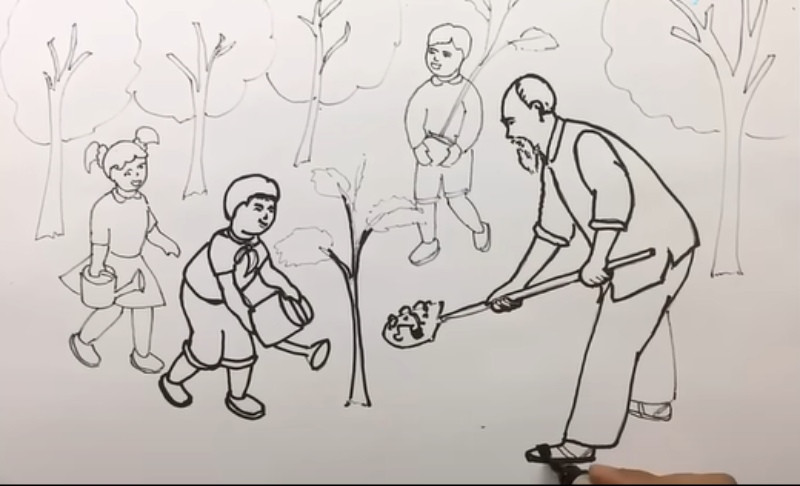 Bước 3: Đi viền đậm các chi tiết để hoàn thiện bố cục tranh