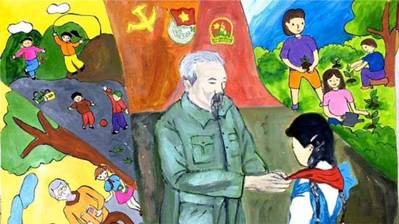 Tranh vẽ “Bác Hồ quàng khăn đỏ cho thiếu nhi”. (Nguồn: Internet)