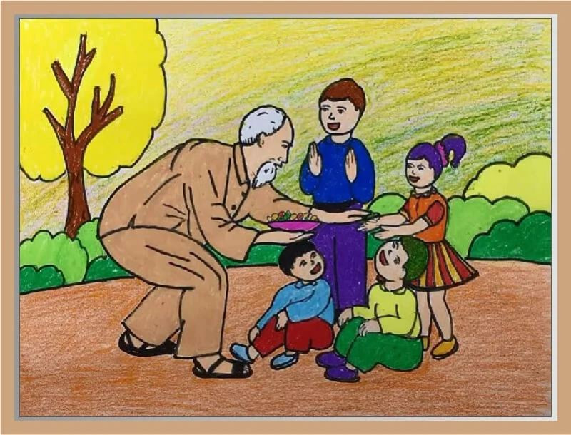 Tranh vẽ “Bác Hồ phát quà cho thiếu nhi”. (Nguồn: Internet)