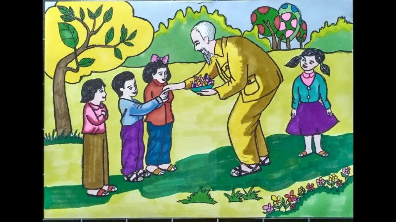 Bức tranh: Bác Hồ phát quà bánh kẹo cho các bé thiếu nhi. (Nguồn Internet)