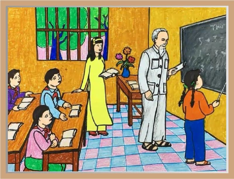 Bức tranh: Bác hồ đang hướng dẫn thiếu nhi học Toán. (Nguồn Internet)