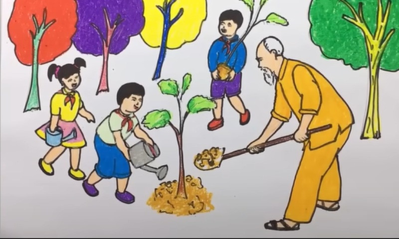 Bước 4: Tô màu hoàn thiện bức tranh Bác Hồ cùng thiếu nhi trồng cây