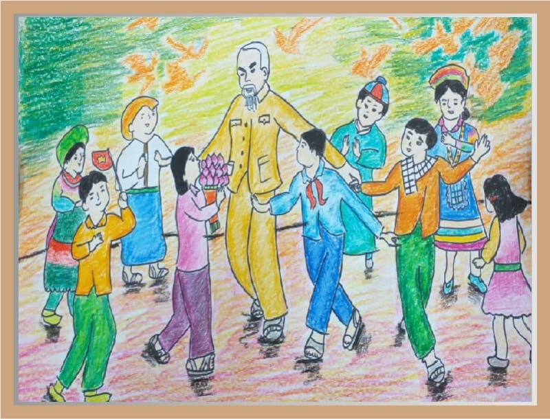 Tranh vẽ “Bác Hồ vui bước cùng thiếu nhi các dân tộc”. (Nguồn: Internet)