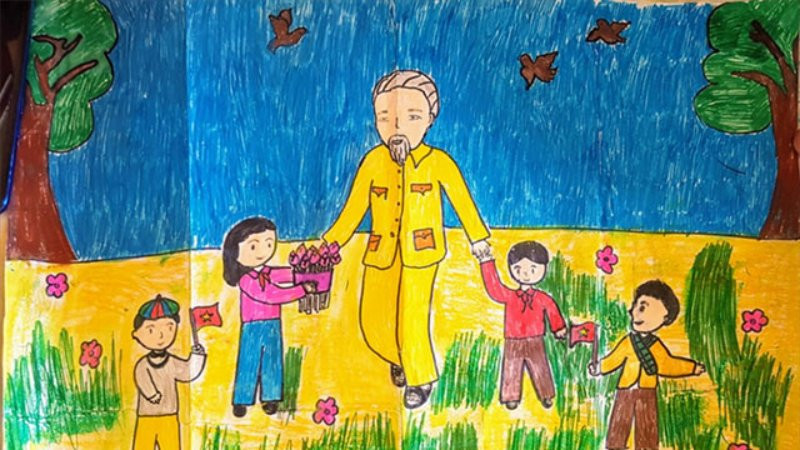 Tranh vẽ “Bác Hồ dạo chơi cùng thiếu nhi”. (Nguồn: Internet)