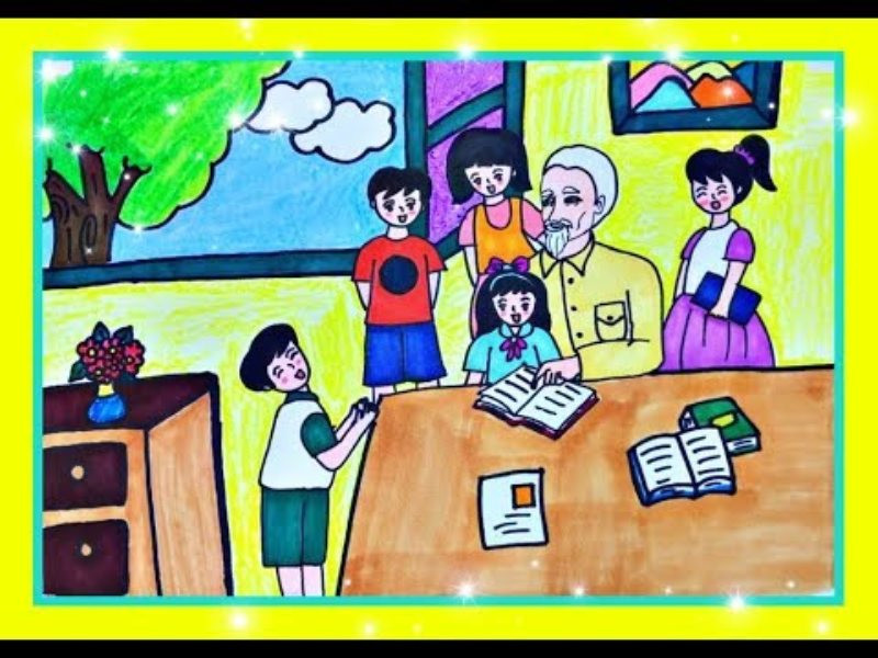 Bức tranh: Bác Hồ dạy thiếu nhi học chữ. (Nguồn Internet)