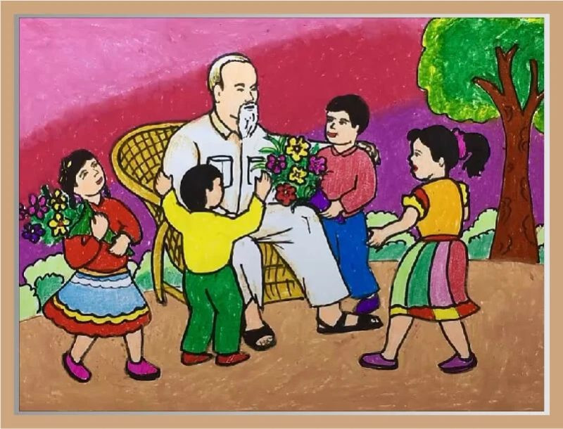 Tranh vẽ “Vẽ tranh Bác Hồ với thiếu nhi”. (Nguồn: Internet)