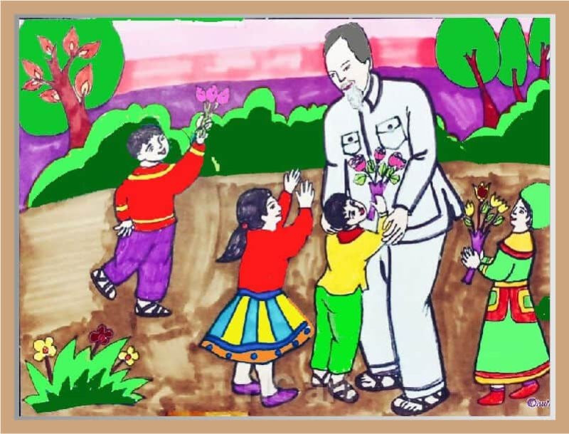 Tranh vẽ “Thiếu nhi hồn nhiên tặng hoa cho Bác Hồ”. (Nguồn: Internet)