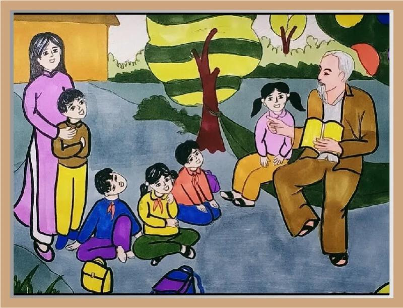 Tranh vẽ “Bác Hồ đọc sách cho thiếu nhi dưới bóng cây”. (Nguồn: Internet)