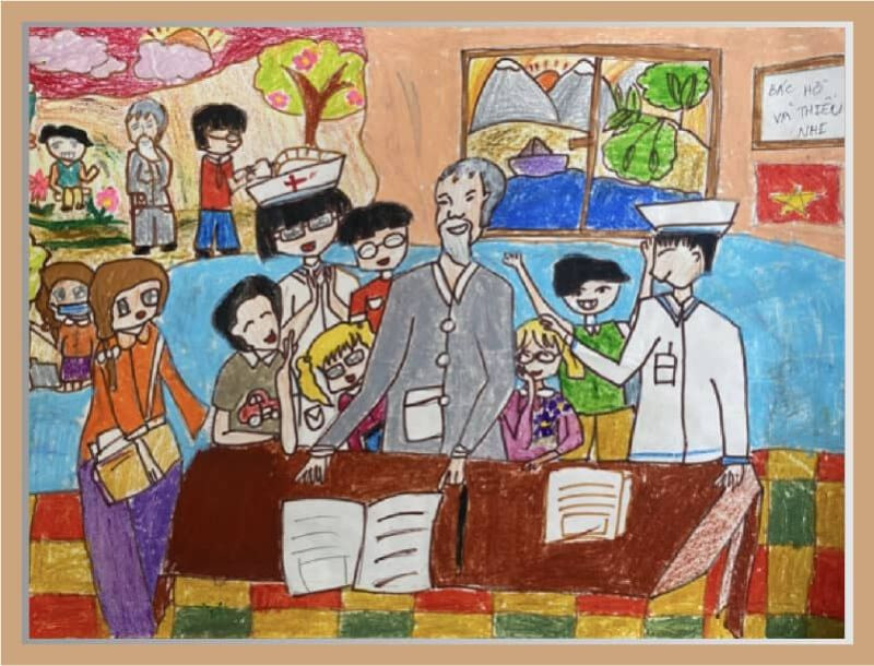 Tranh vẽ “Bác Hồ ân cần bên thiếu nhi và cán bộ”. (Nguồn: Internet)