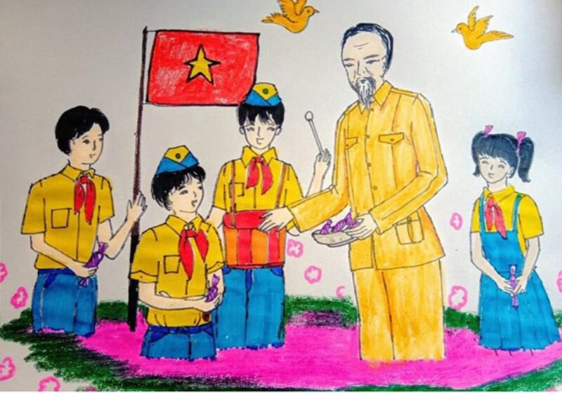 Tranh vẽ “Bác Hồ phát kẹo cho thiếu nhi trong buổi sinh hoạt Đội”. (Nguồn: Internet)