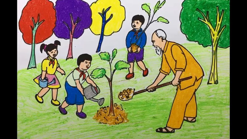 Bức tranh: vẽ tranh thiếu nhi và Bác Hồ cùng trồng cây. (Nguồn Internet)