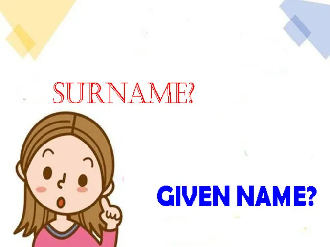 Given Name gồm tên chính + tên đệm, Surname là họ